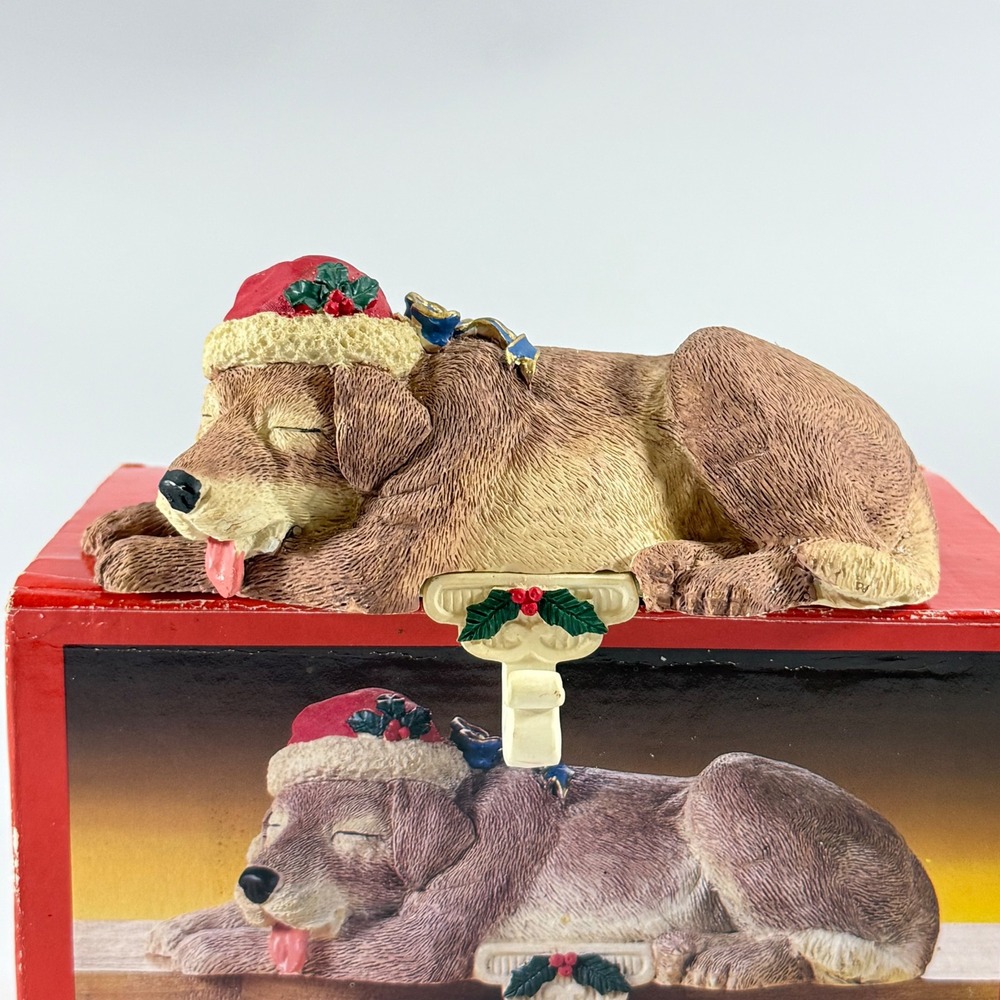 Sleeping Dog Christmas Stocking Hanger Puppy Santa Hat Mantle Hook
